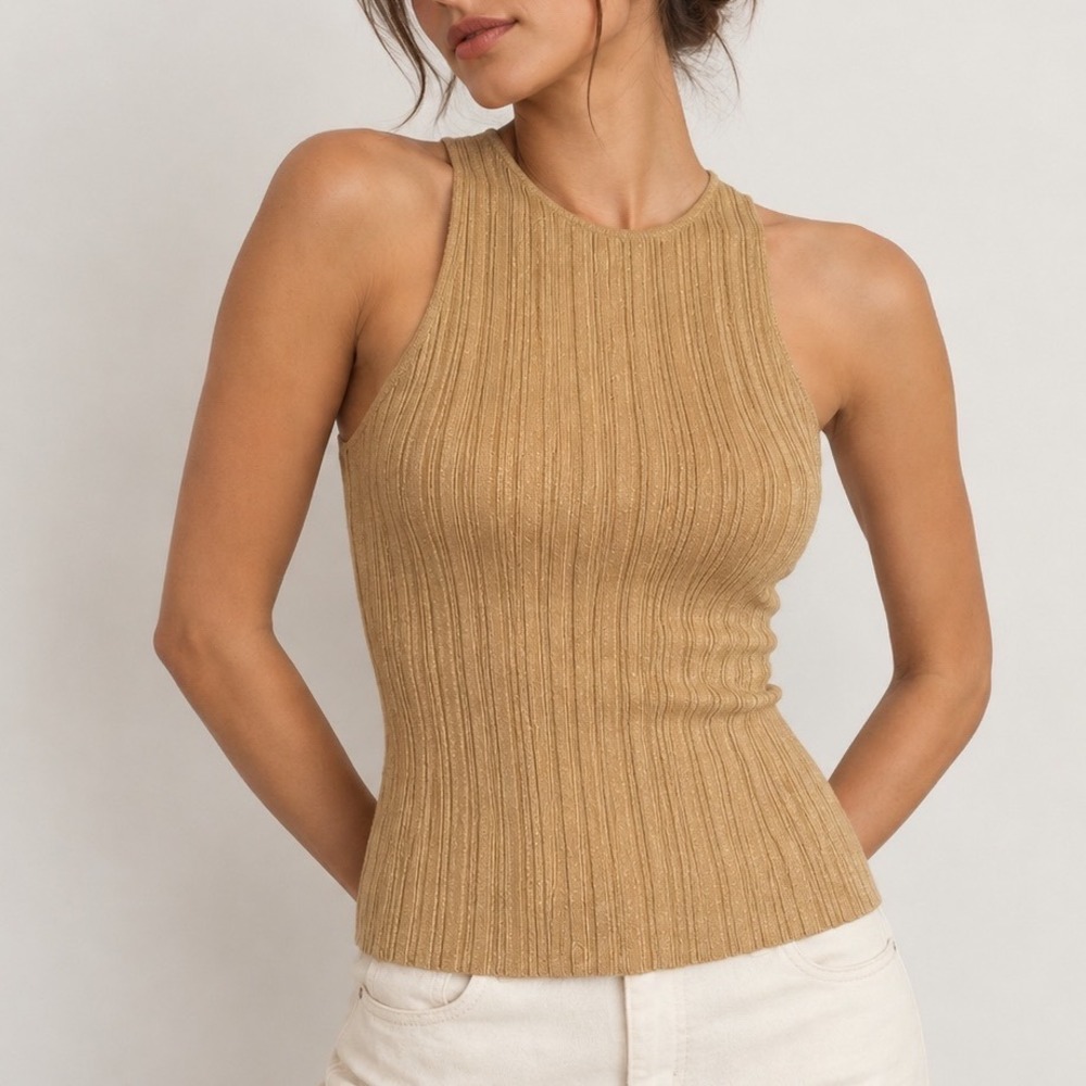 Madewell Signature Shimmer Cutaway Tank Medium Gold Metallic Ribbed Top N0048